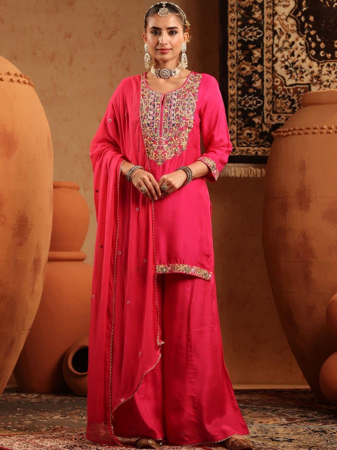 Dhiyona SC Women Fuchsia Silk Embroidered-Handwork Sharara Set