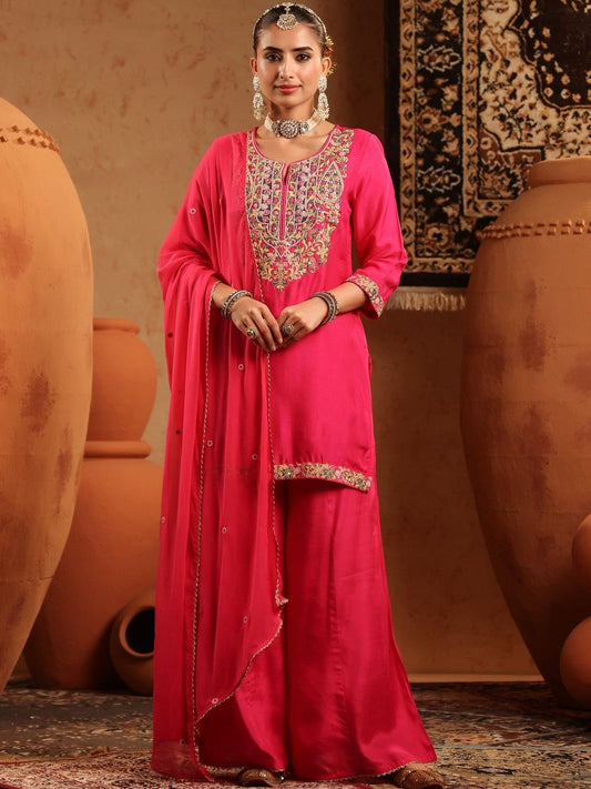 Dhiyona SC Women Fuchsia Silk Embroidered-Handwork Sharara Set