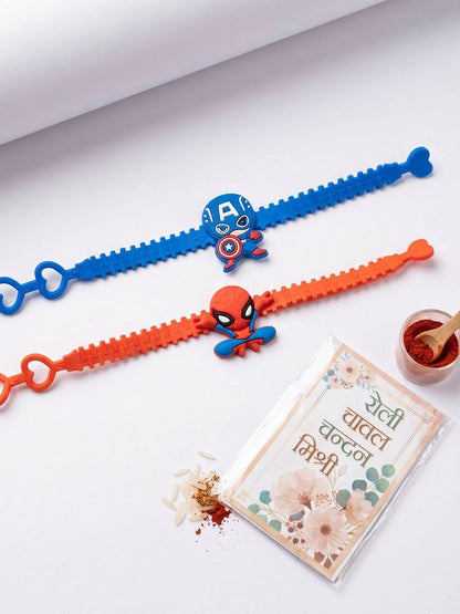 Dhiyona Set Of 2 Superhero Kids Rakhi With Roli Chawal Chandan Mishri