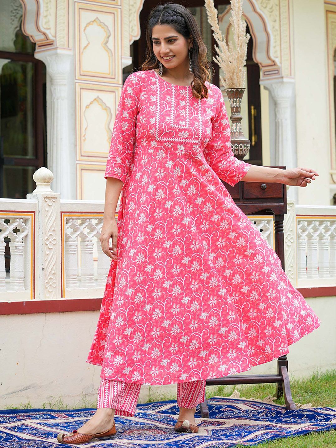 Dhiyona KL Floral Printed Pure Cotton Anarkali Kurta With Trouser And Dupatta