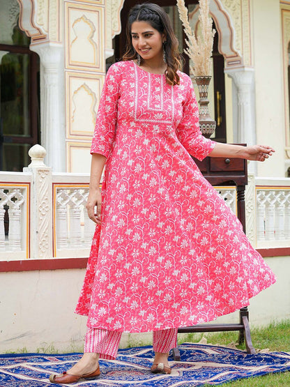 Dhiyona KL Floral Printed Pure Cotton Anarkali Kurta With Trouser And Dupatta