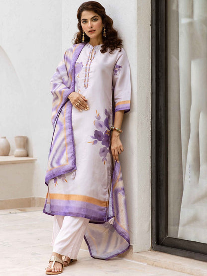 Dhiyona KL Women Floral Printed Kantha Work Chanderi Cotton Kurta with Palazzos & With Dupatta