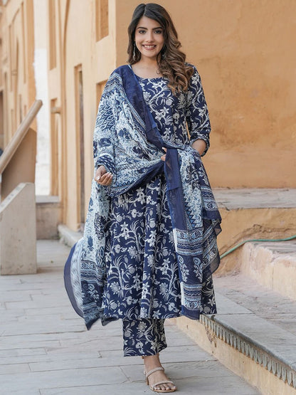 Dhiyona KL Floral Printed Round Neck Anarkali Pure Cotton Kurta With Trousers & Dupatta