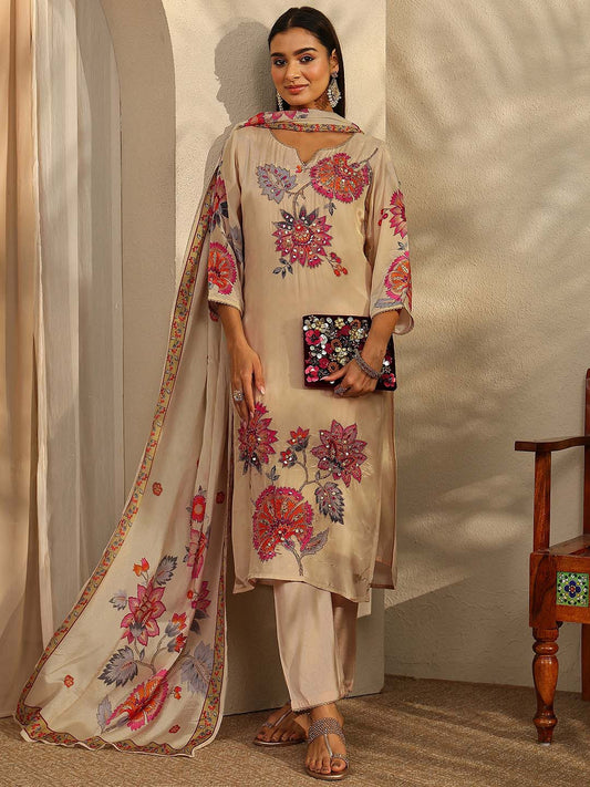 Women Floral Printed Regular Sequinned Silk Crepe Kurta with Trousers & With Dupatta
