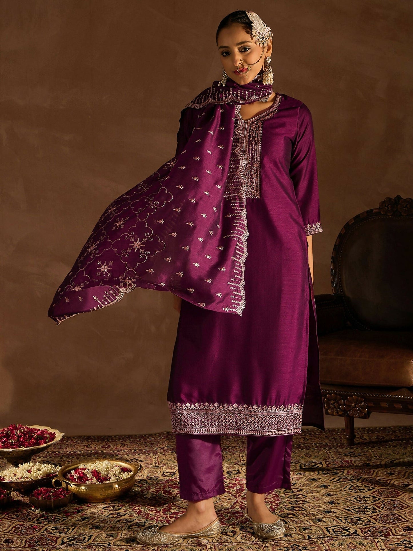 Women's Burgundy Ethnic Motifs Embroidered Sequinned Kurta with Trousers & With Dupatta