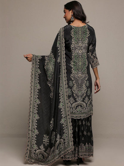 Dhiyona LL Women Ethnic Motifs Printed Regular Thread Work Silk Crepe Kurta with Sharara & With Dupatta