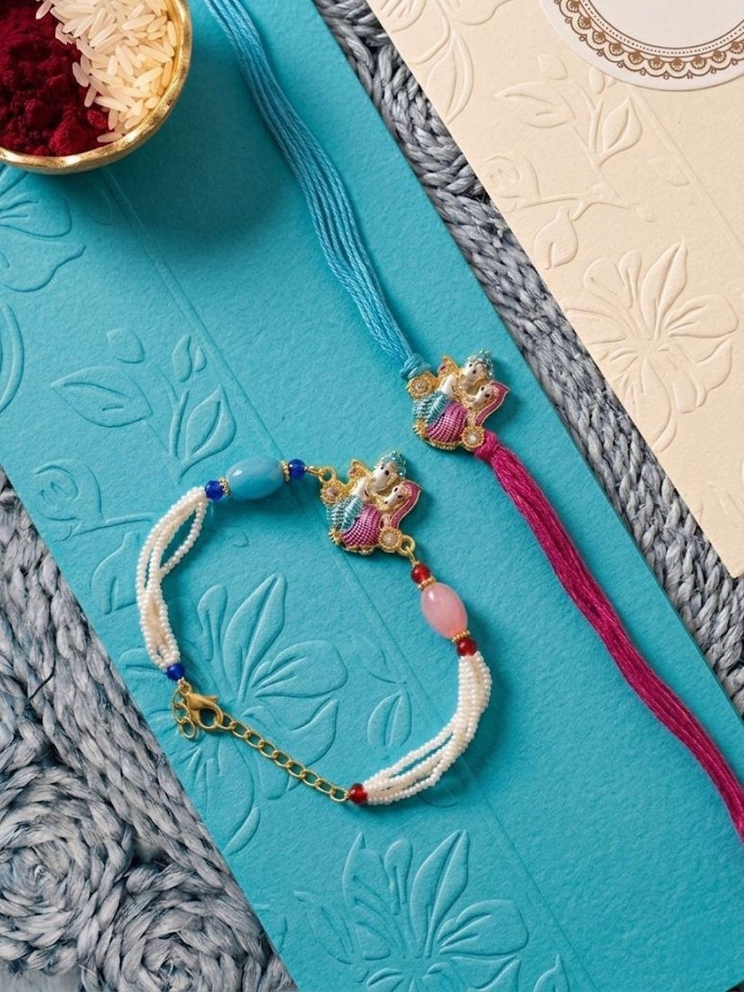 Dhiyona Set Of 2 Artificial Beads Radha Krishna Bhaiya Bhabhi Rakhi With Roli Chawal Chandan