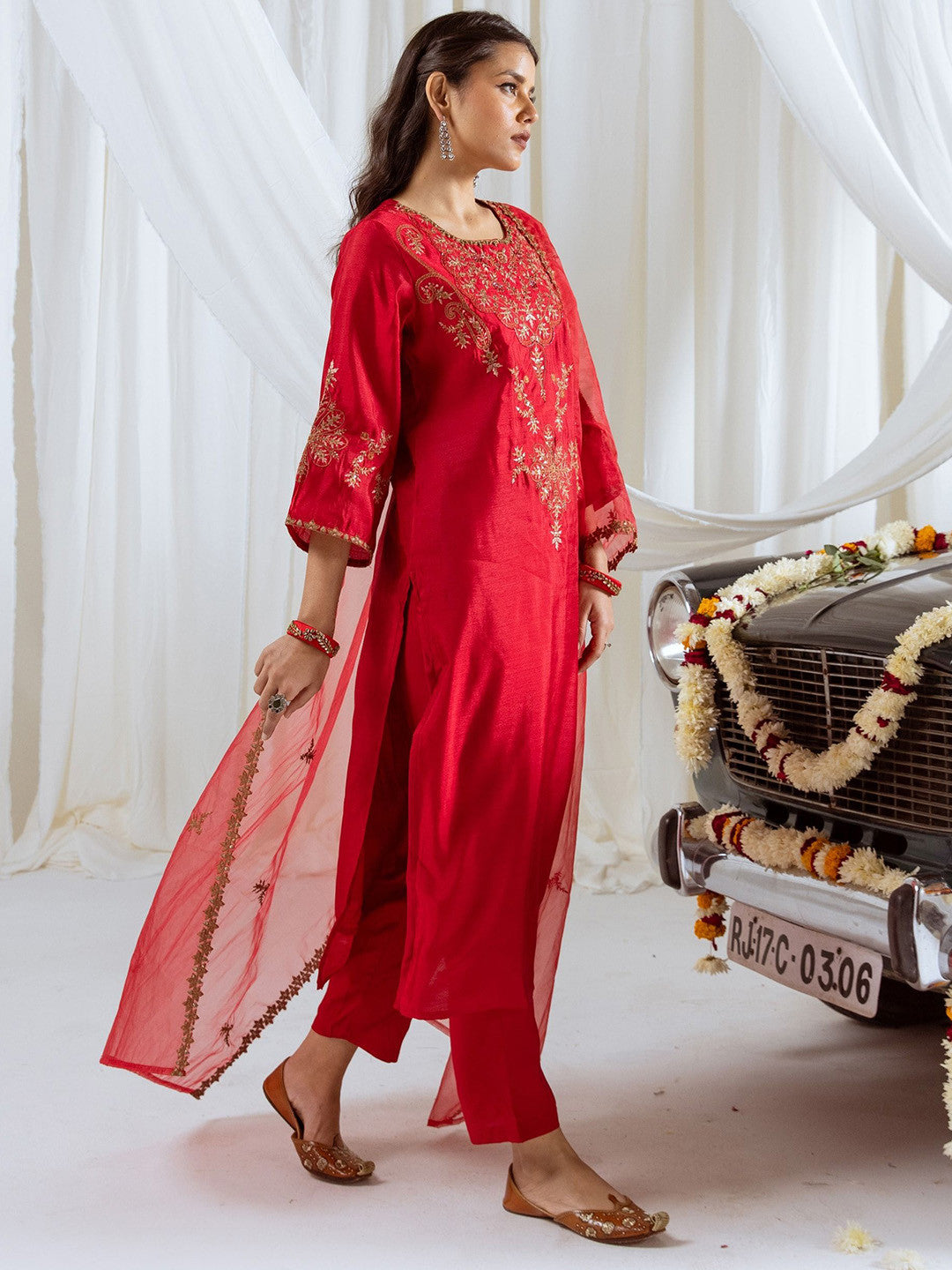 Floral Embroidered Sequinned Straight Kurta With Trousers & Dupatta