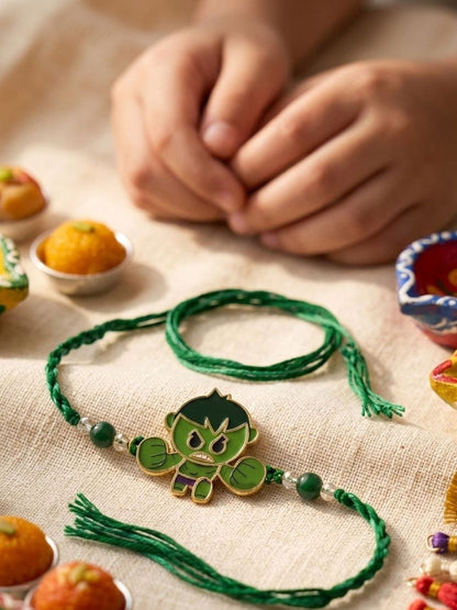 Dhiyona Kids Hulk Character Artificial Beads Thread Rakhi With Roli Chawal Chandan Mishri