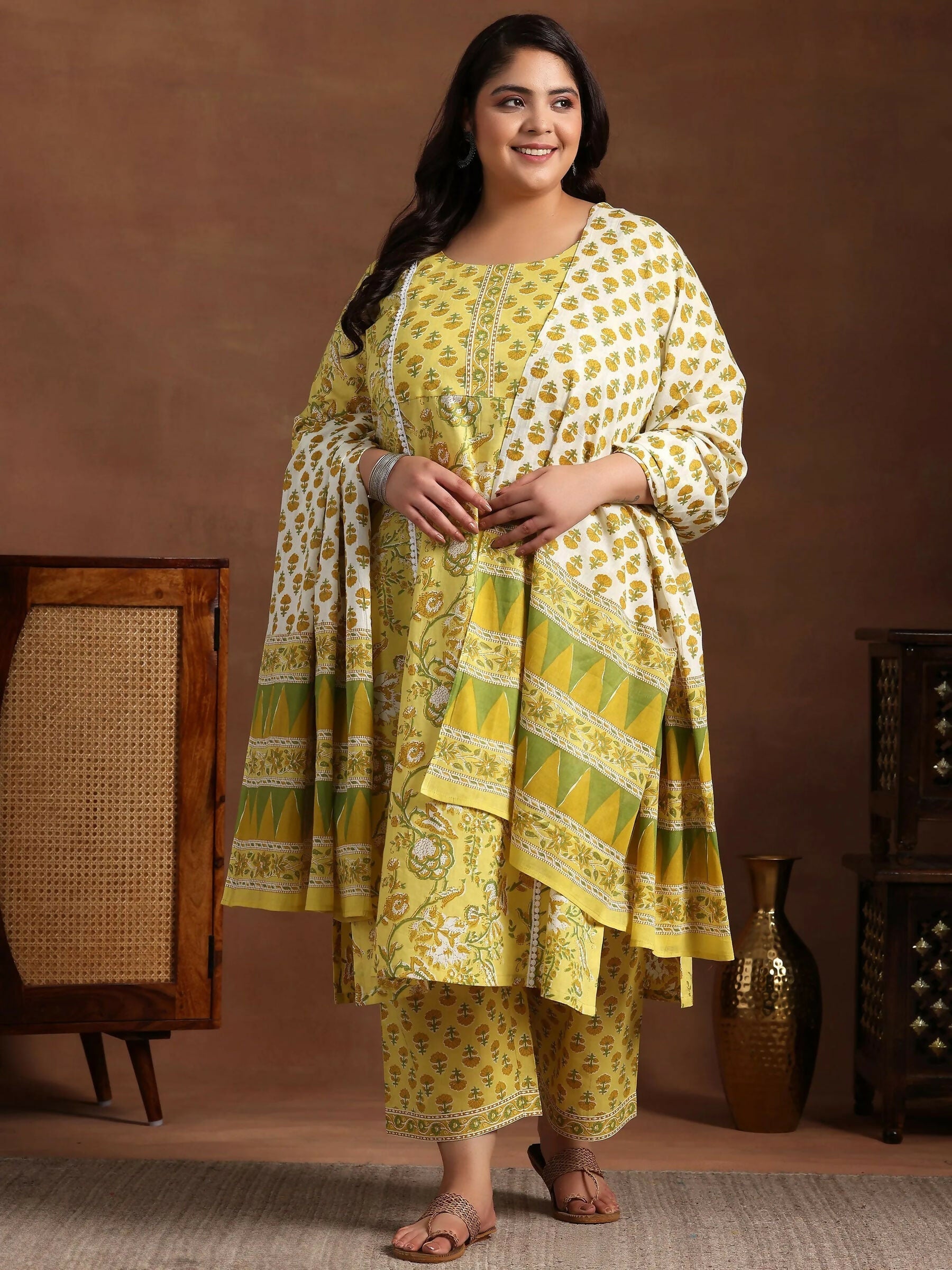 Women's LB Plus Size Yellow Printed Cotton Straight Suit With Dupatta