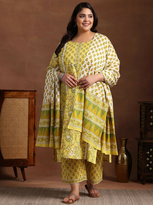 Women's LB Plus Size Yellow Printed Cotton Straight Suit With Dupatta