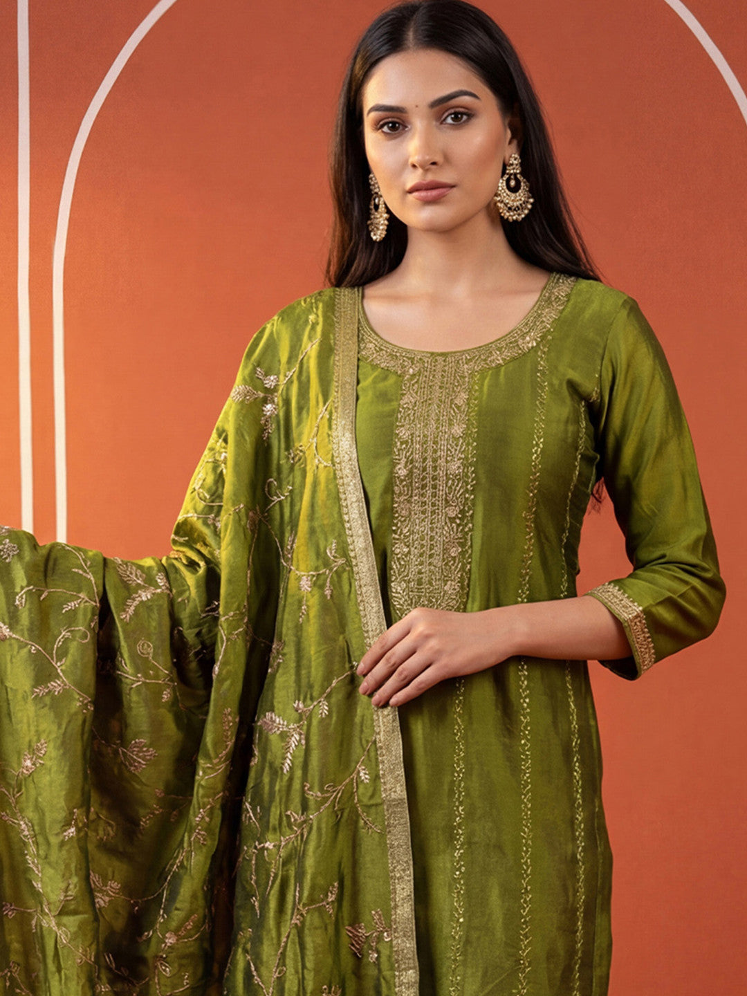 Women Ethnic Motifs Embroidered Regular Sequinned Kurta with Trousers & With Dupatta
