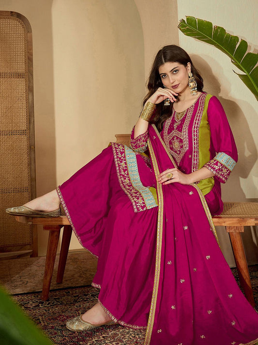 Dhiyona SN Embroidered Round Neck Kurta & Sharara with Dupatta Set