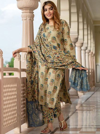 Dhiyona KL Floral Printed Round Neck Pure Cotton Straight Kurta With Trousers & Dupatta