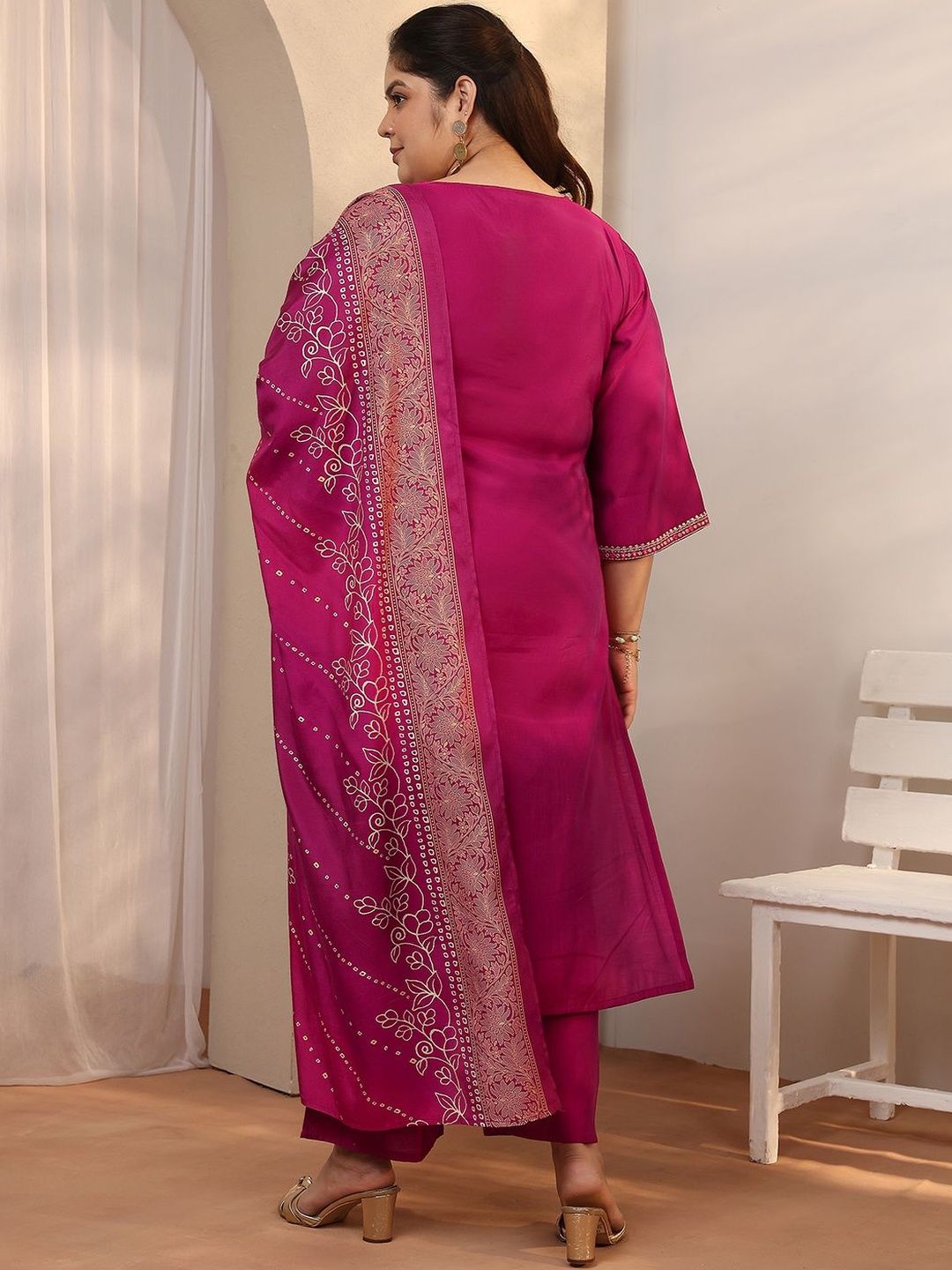 Dhiyona Women's Plus Size Ethnic Motifs Embroidered Kurta with Palazzo & Dupatta