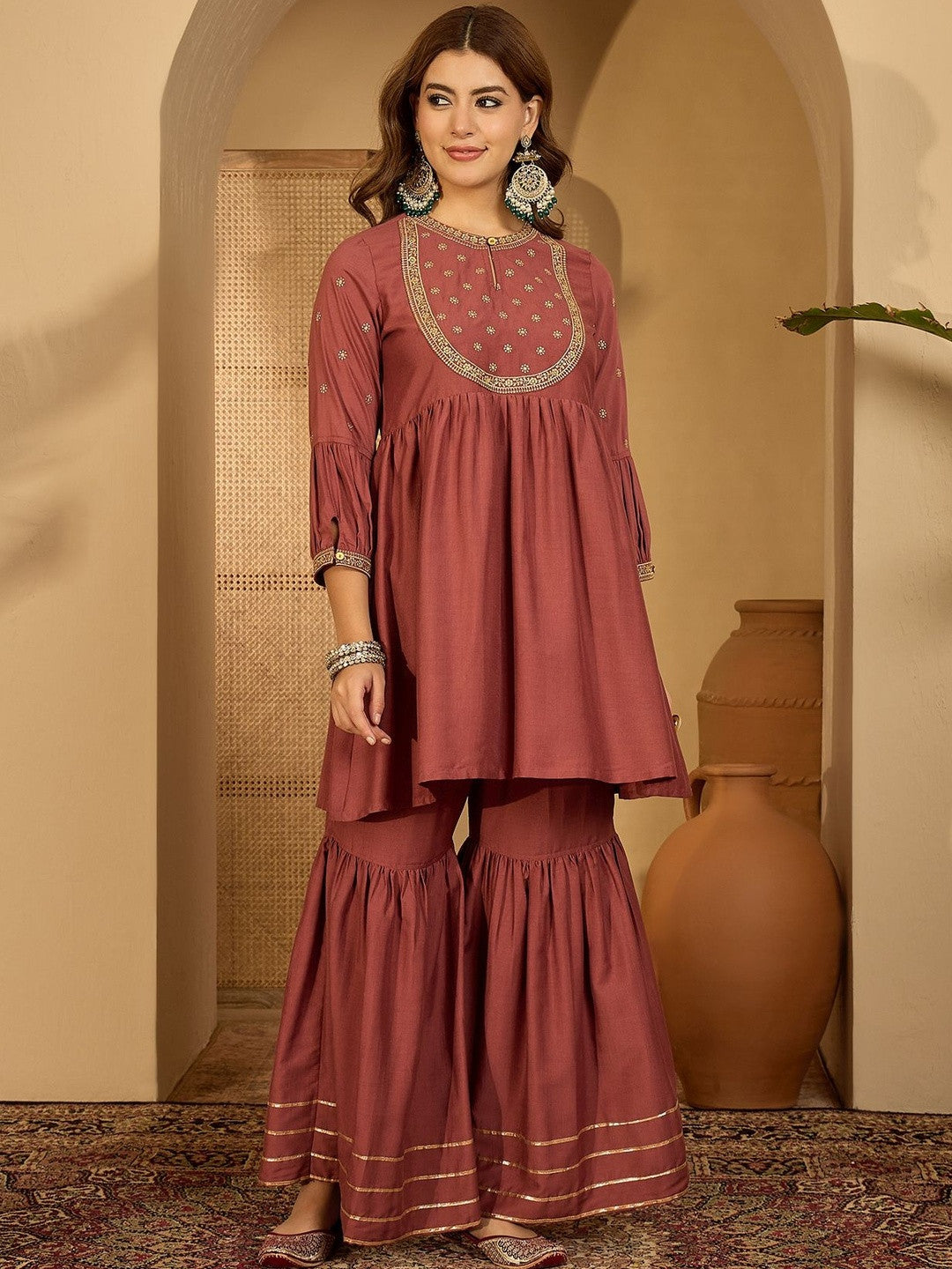 Women Maroon Embroidered Kurta Sets With Dupatta