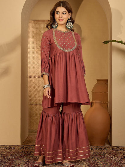 Women Maroon Embroidered Kurta Sets With Dupatta