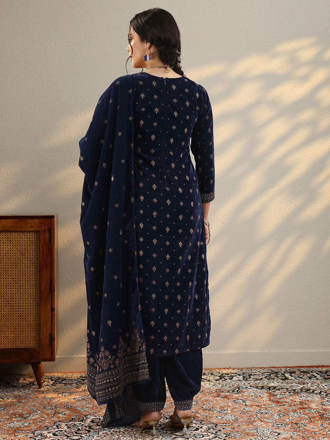 Navy Blue Floral Embroidered Thread Work Velvet Kurta with Salwar & Dupatta
