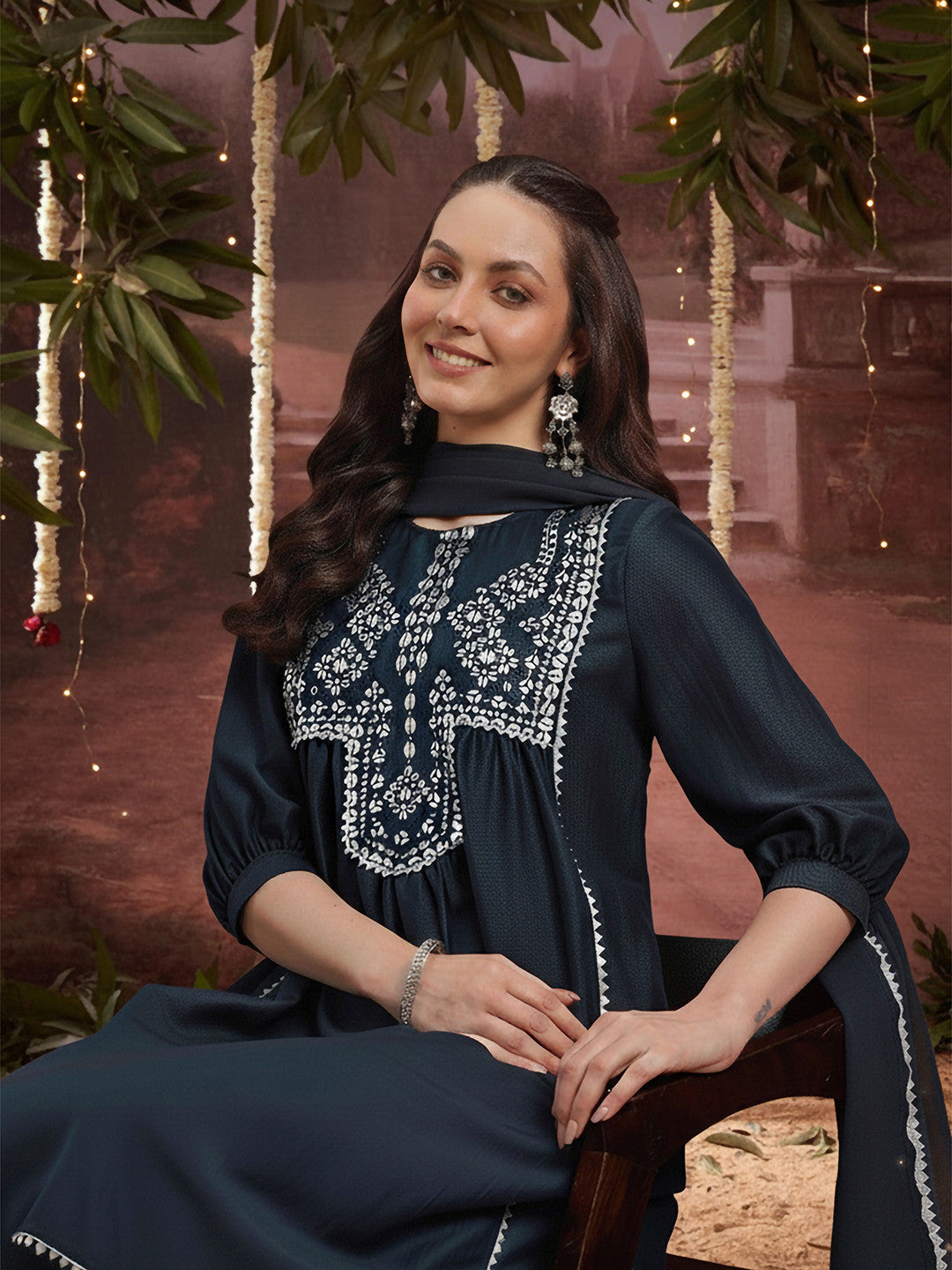 Ethnic Motifs Foil Print Gotta Patti Detail A-Line Kurta with Salwar & Dupatta