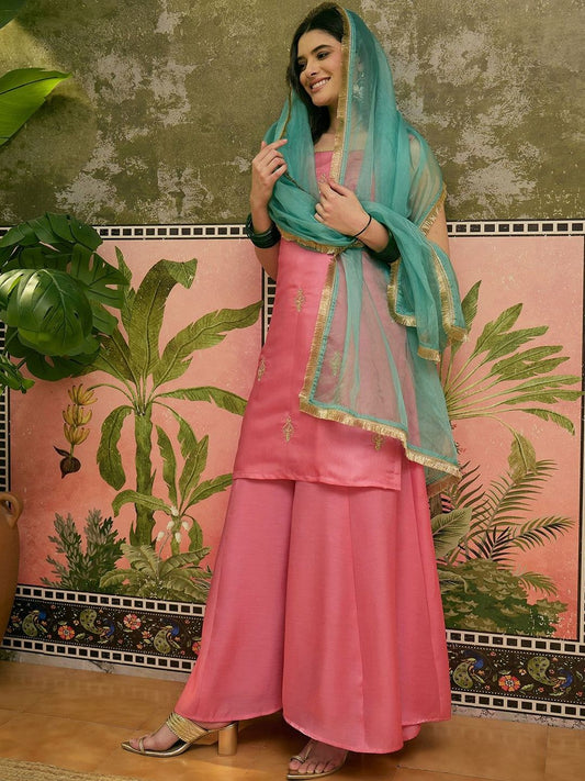 Dhiyona SN Sequinned Embroidered Square Neck Kurta & Palazzos With Dupatta