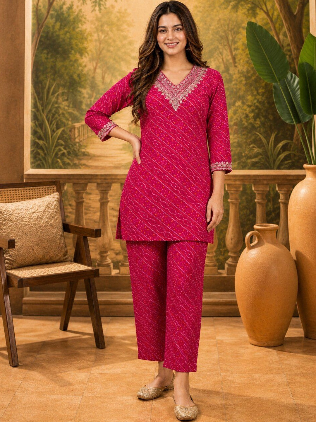 Women Leheriya Dyed Regular Thread Work Chanderi Silk Kurta with Palazzos