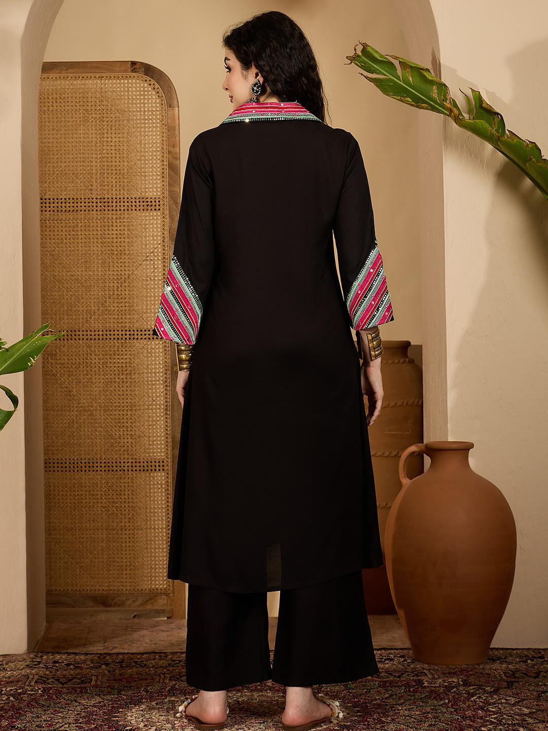 Women Black Embroidered Rayon A-Line Kurta Set