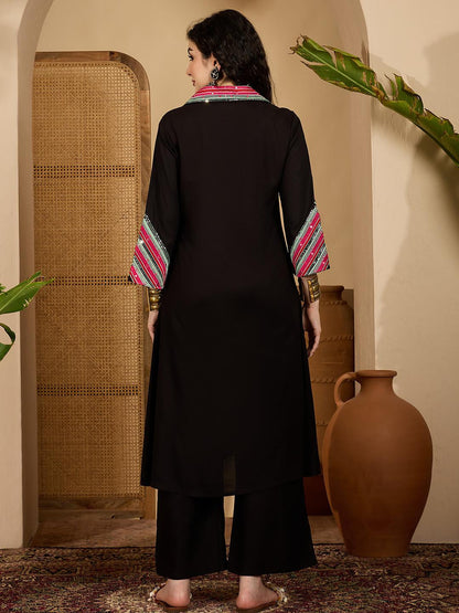 Women Black Embroidered Rayon A-Line Kurta Set