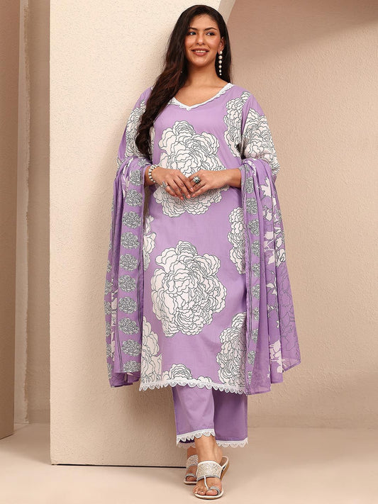 Dhiyona Women's Plus Size Floral Printed Straight Kurta With Trousers & Dupatta