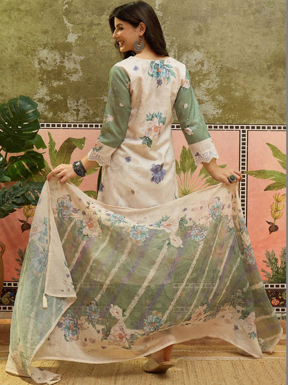 Women Floral Printed Regular Linen Kurta with Trousers & With Dupatta