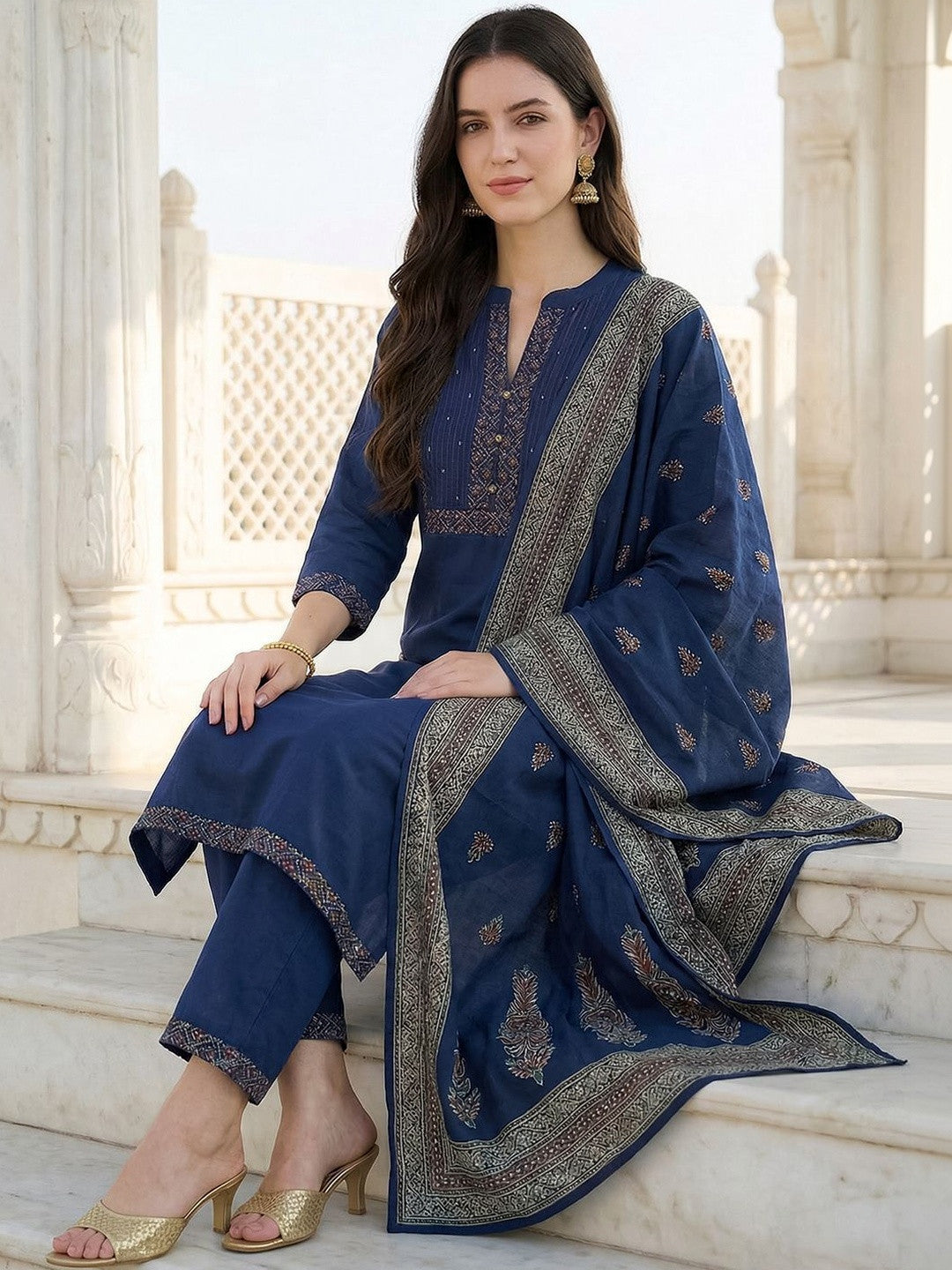 Women Ethnic Motifs Embroidered Panelled Thread Work Pure Cotton Kurta with Trousers & With Dupatta