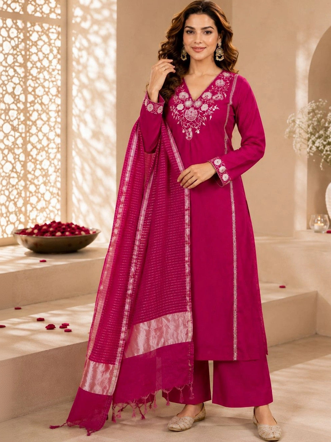 Women Embroidered Regular Thread Work Kurta with Trousers & With Dupatta