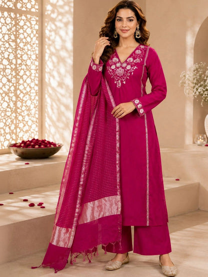 Women Embroidered Regular Thread Work Kurta with Trousers & With Dupatta
