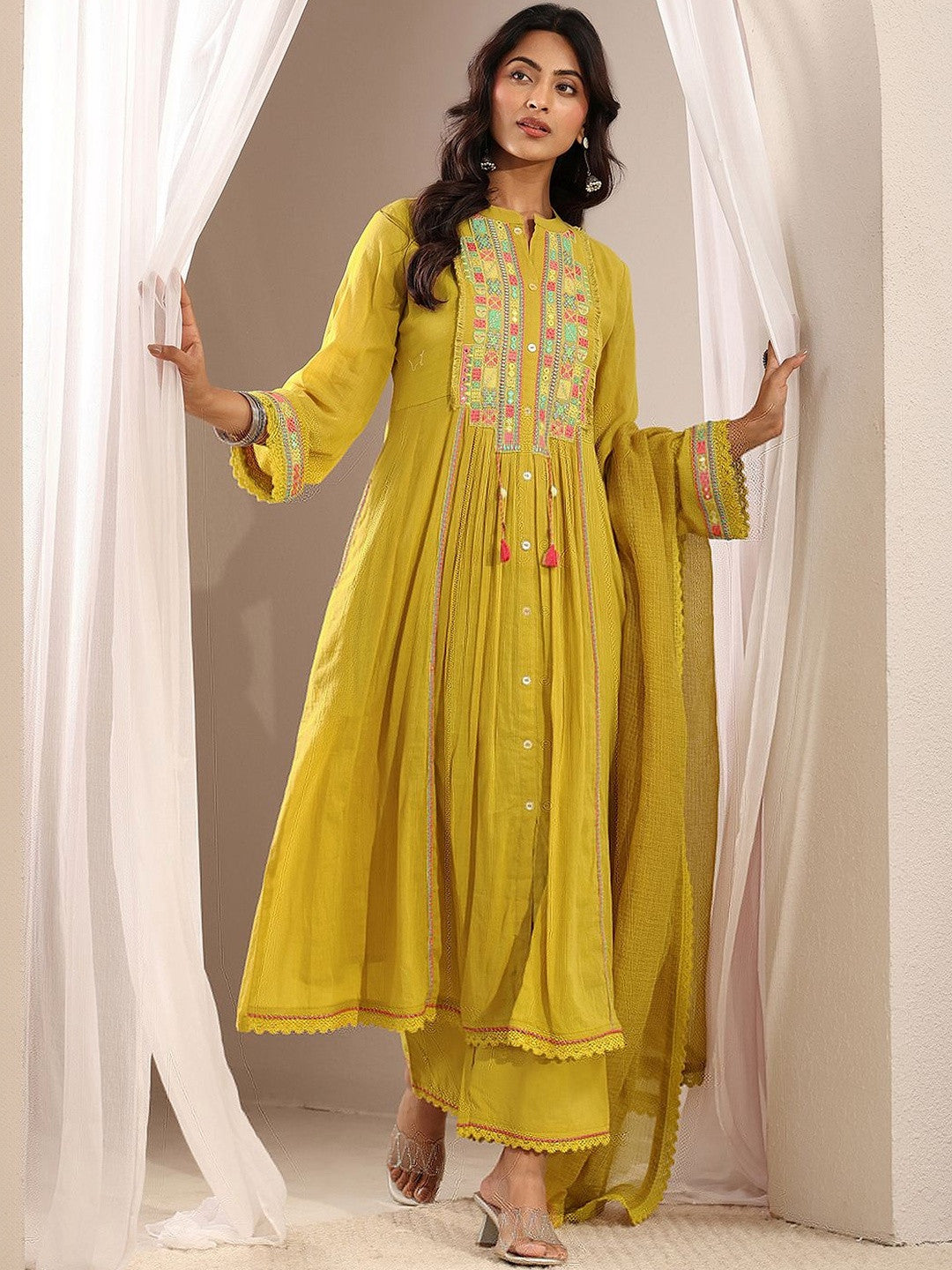 Women Ethnic Motifs Embroidered Panelled Thread Work Kurta with Trousers & With Dupatta