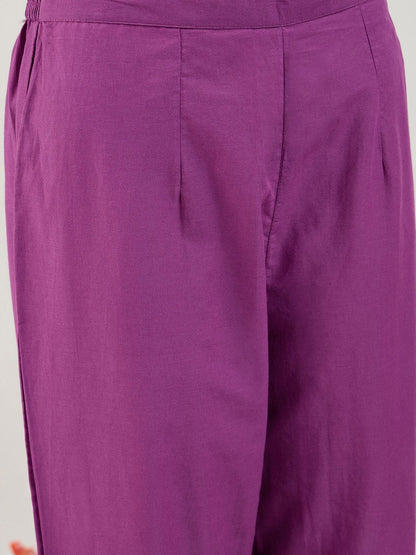 Dhiyona IE Purple Floral Printed Mirror Work Pure Cotton Kurta with Trousers & Dupatta