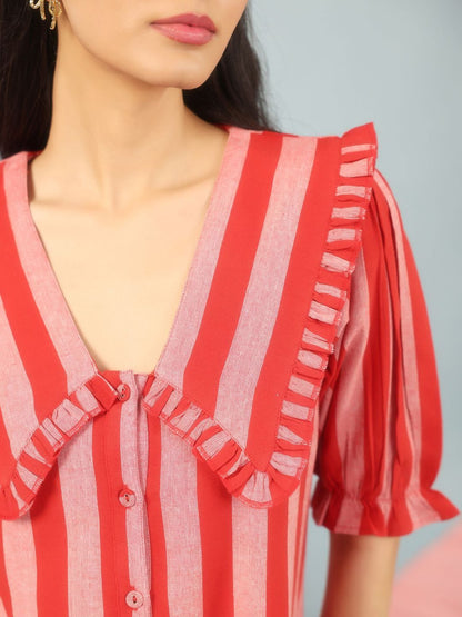 Dhiyona AY Women's Striped Puff Sleeve Ruffled A-Line Dress