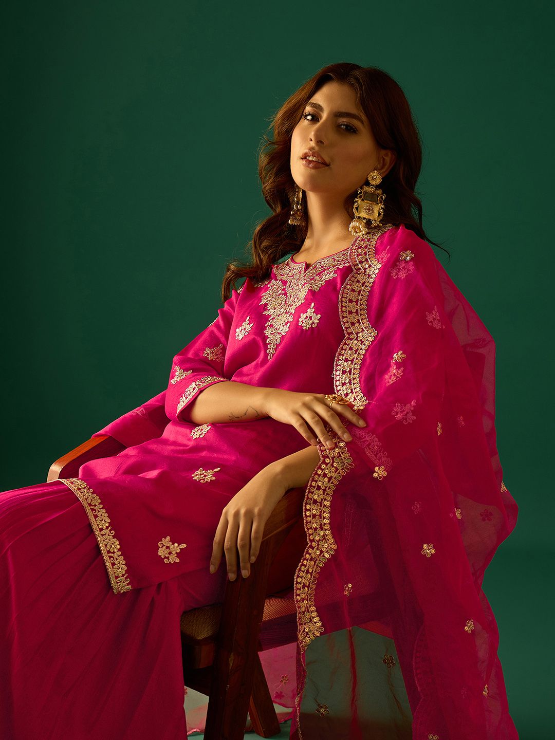 Dhiyona VA Women Ethnic Motifs Embroidered Kurta with Sharara & Dupatta