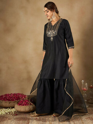 Women's Black Embroidered Straight Kurta Sharara With Dupatta Set