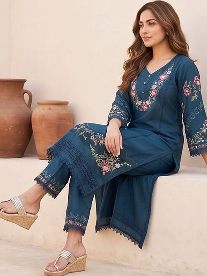 Teal Women Floral Embroidered Regular Thread Work Pure Cotton Kurta with Trousers & With Dupatta