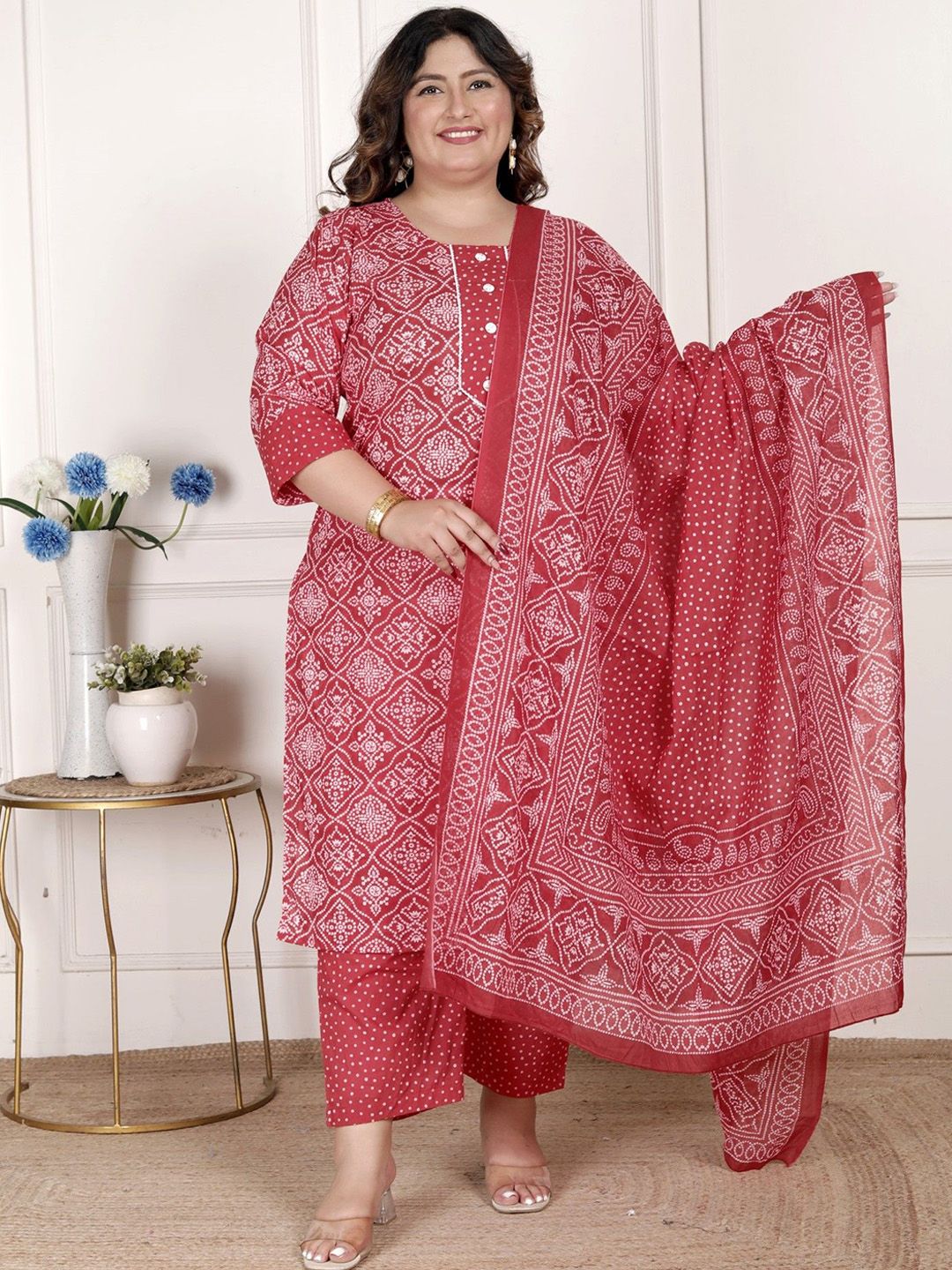 Dhiyona KL Bandhani Print Beads & Stones Pure Cotton Plus Size Kurta with Trousers & Dupatta