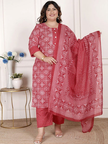 Dhiyona KL Bandhani Print Beads & Stones Pure Cotton Plus Size Kurta with Trousers & Dupatta