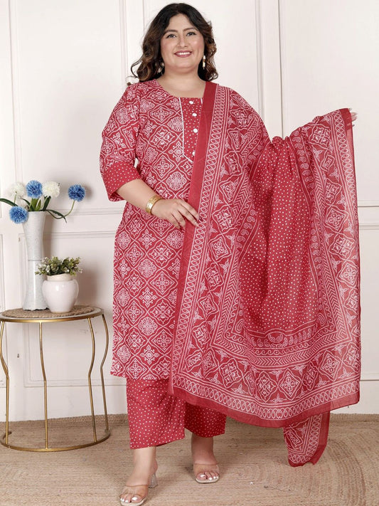 Dhiyona KL Bandhani Print Beads & Stones Pure Cotton Plus Size Kurta with Trousers & Dupatta