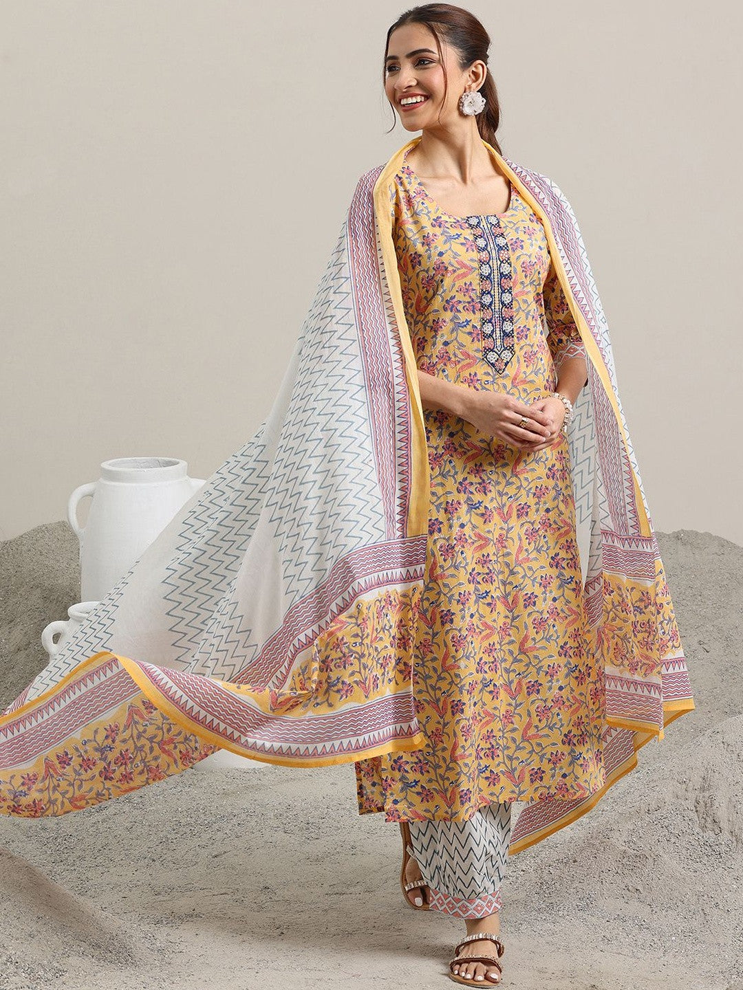 Women Floral Printed Regular Sequinned Pure Cotton Kurta with Salwar & With Dupatta