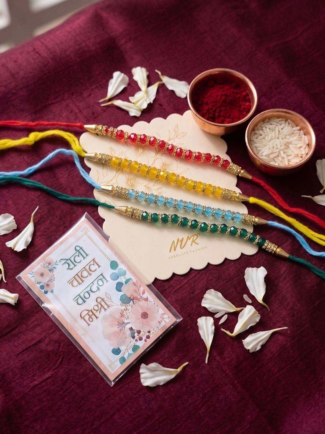 Dhiyona Set Of 4 Multicolor Artificial Beads Thread Rakhi With Roli Chawal Chandan Mishri