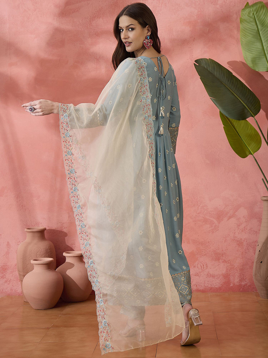 Bandhani Printed V-Neck Thread Work Anarkali Kurta Trousers & Dupatta