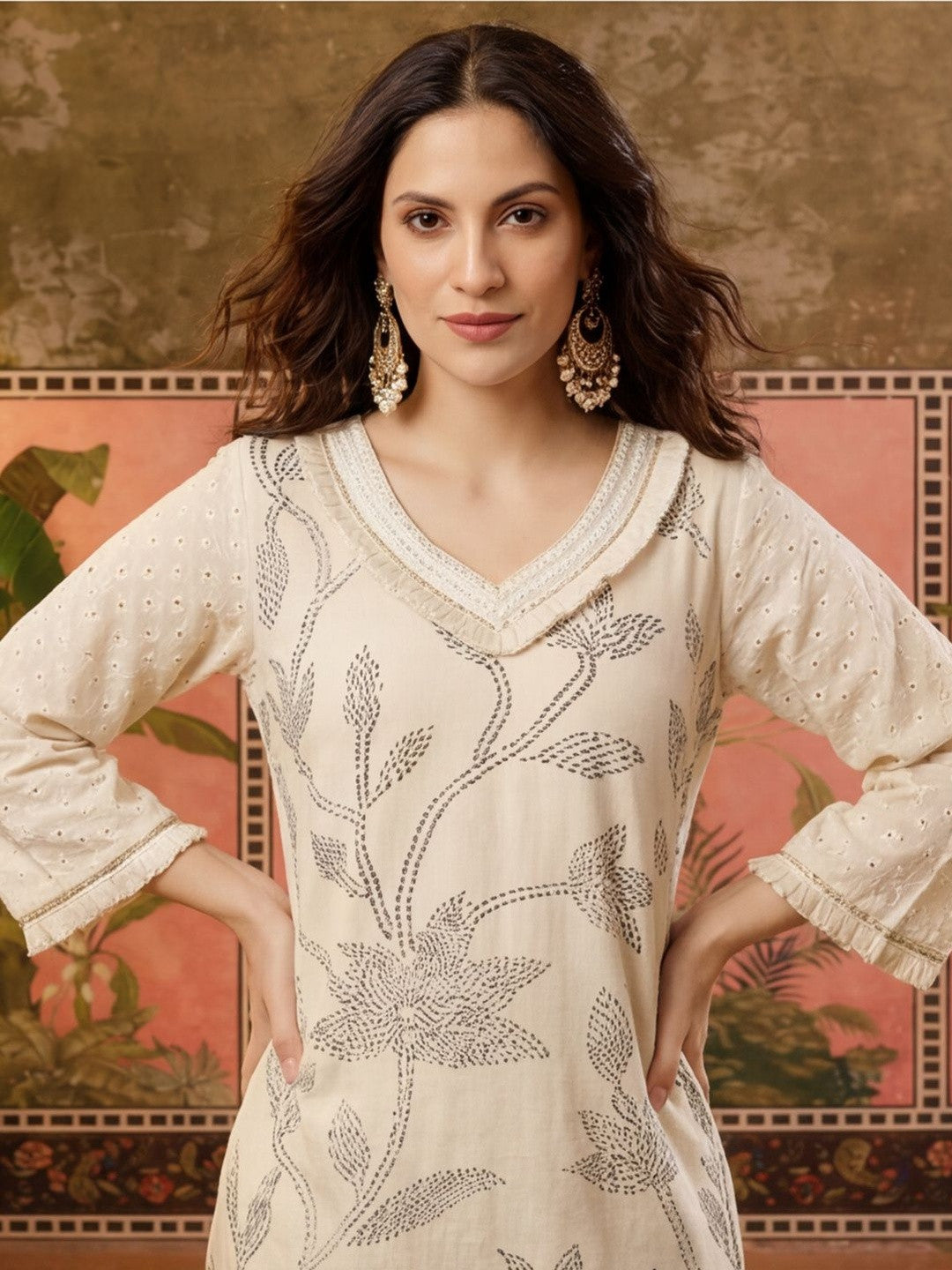 Printed Pure Cotton V-Neck Kurta & Palazzos