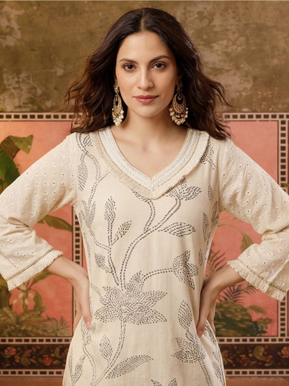 Printed Pure Cotton V-Neck Kurta & Palazzos