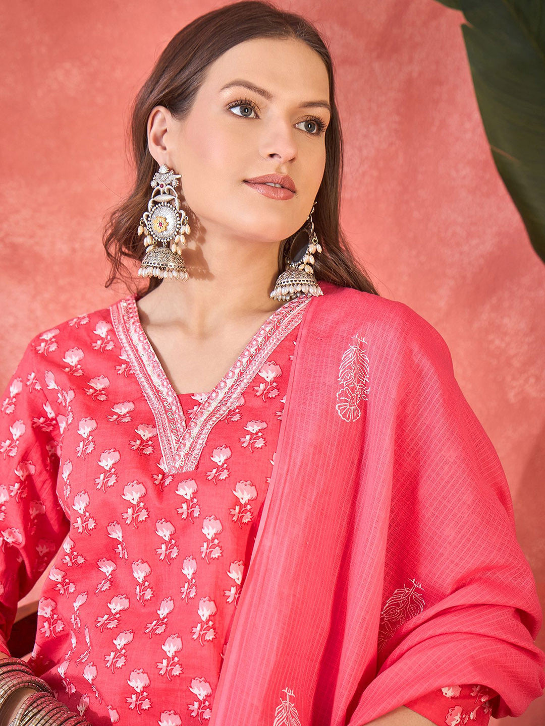 Embroidered Pure Cotton Straight Kurta With Trousers & Dupatta