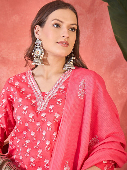 Embroidered Pure Cotton Straight Kurta With Trousers & Dupatta