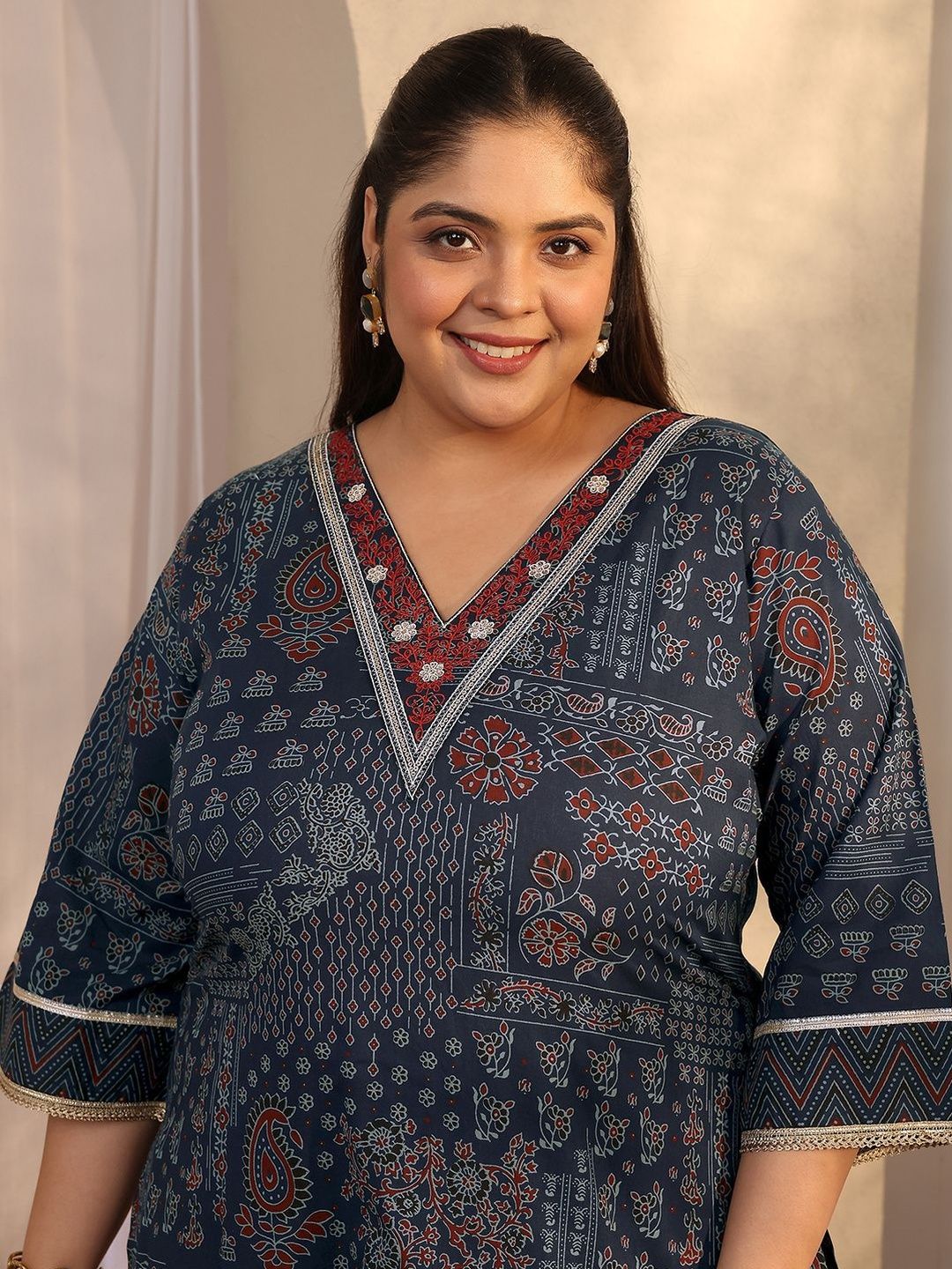 Dhiyona Women's Plus Size Ethnic Motifs Printed Kurta with Trousers & Dupatta