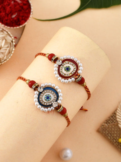 Dhiyona Set Of 2 White Pearl-Beaded Rakhi With Roli Rice & Greeting Card